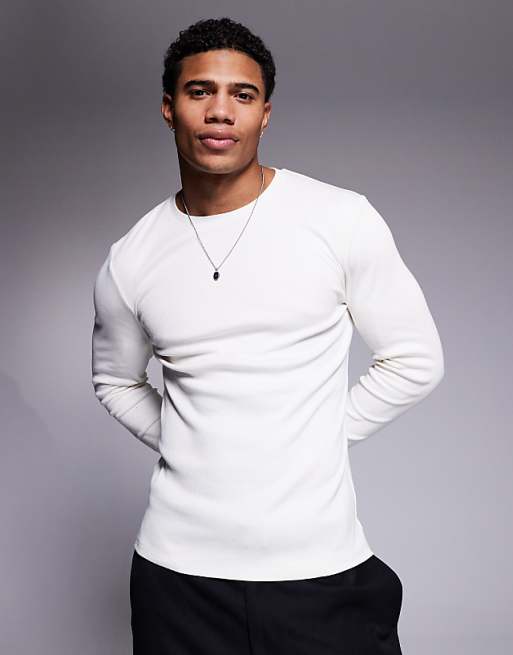 DESIGN heavyweight muscle fit long sleeve t-shirt in cream rib