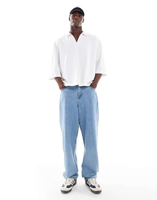 DESIGN Heavyweight Oversized Boxy Polo With Half Sleeve In White