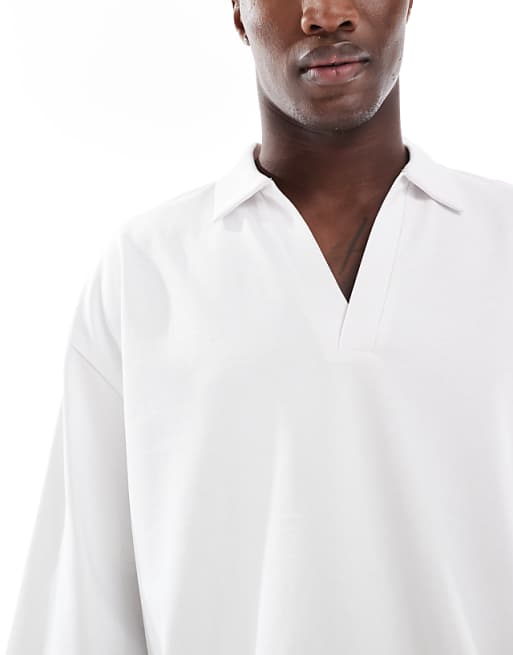DESIGN Heavyweight Oversized Boxy Polo With Half Sleeve In White