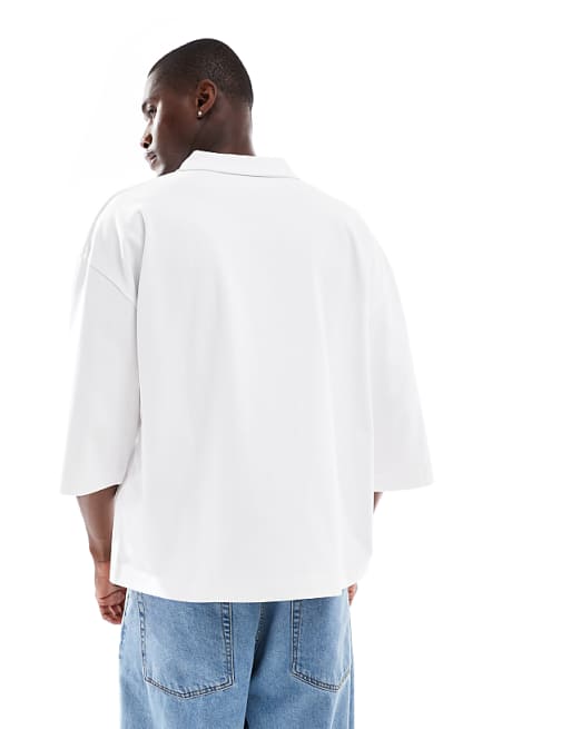 DESIGN Heavyweight Oversized Boxy Polo With Half Sleeve In White