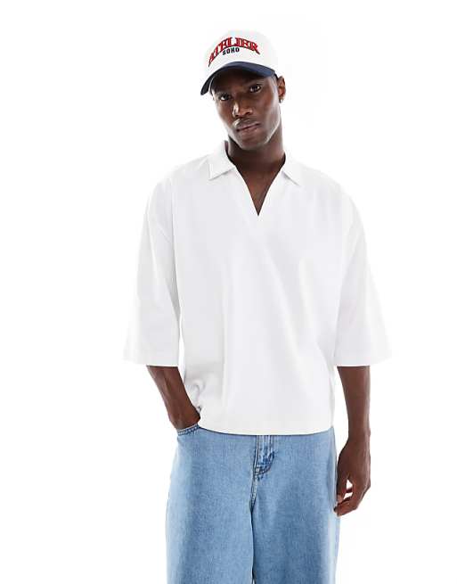 DESIGN heavyweight oversized boxy polo with half sleeve in white