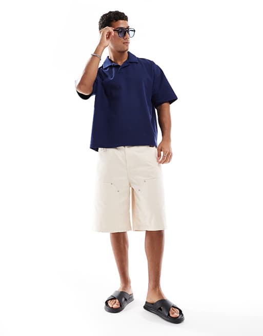 DESIGN Heavyweight Oversized Boxy Revere Polo In Navy