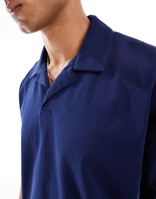DESIGN Heavyweight Oversized Boxy Revere Polo In Navy