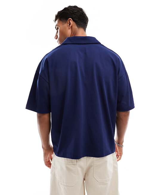 DESIGN Heavyweight Oversized Boxy Revere Polo In Navy
