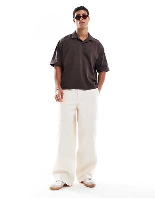 DESIGN Heavyweight Oversized Boxy Revere Polo In Brown