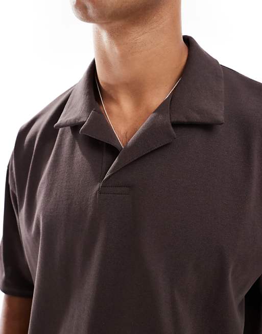 DESIGN Heavyweight Oversized Boxy Revere Polo In Brown