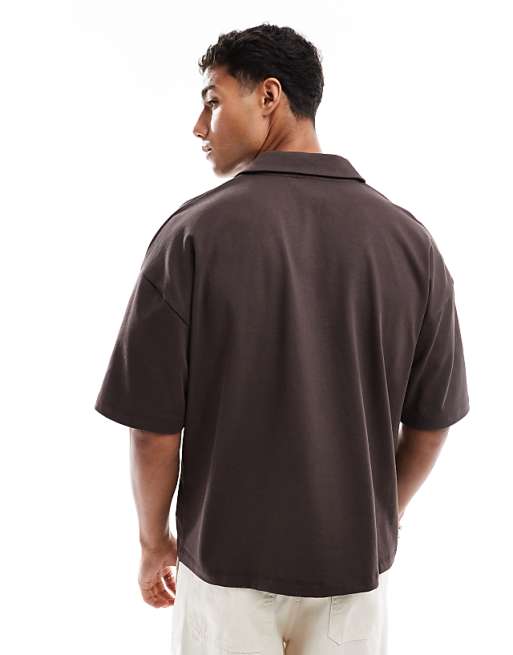 DESIGN Heavyweight Oversized Boxy Revere Polo In Brown