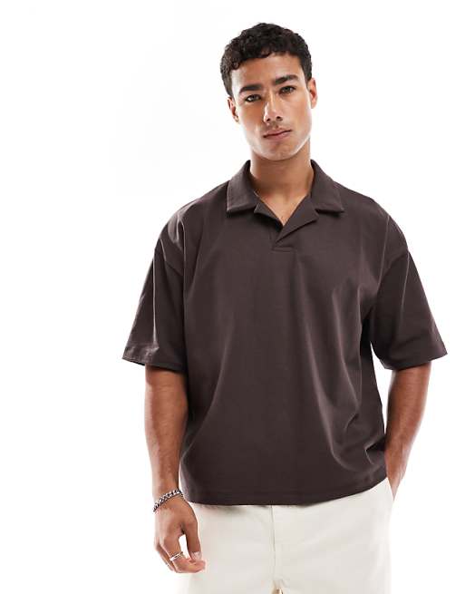DESIGN heavyweight oversized boxy revere polo in brown