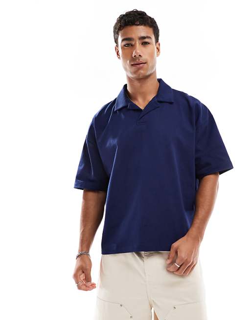 DESIGN heavyweight oversized boxy revere polo in navy