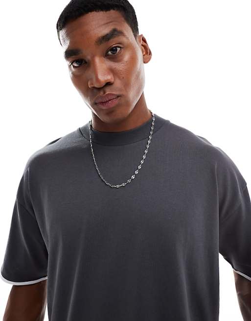 DESIGN Heavyweight Oversized Boxy T-shirt With Contrast White Binding In Charcoal