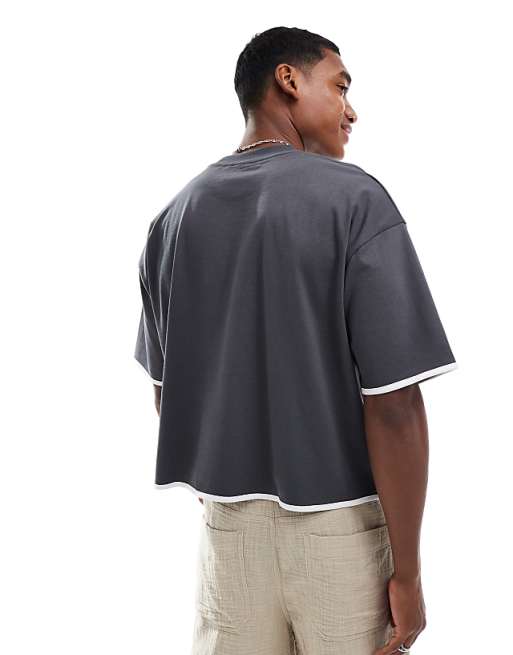 DESIGN Heavyweight Oversized Boxy T-shirt With Contrast White Binding In Charcoal
