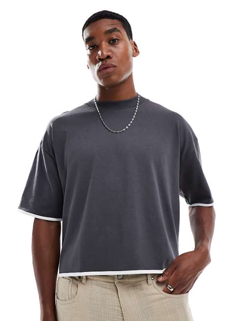 DESIGN heavyweight oversized boxy t-shirt with contrast white binding in charcoal