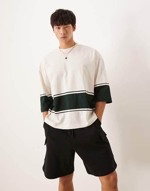DESIGN heavyweight oversized contrast t-shirt in cream and green