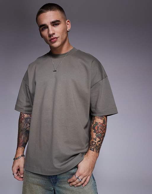 DESIGN heavyweight oversized drop shoulder t-shirt in khaki