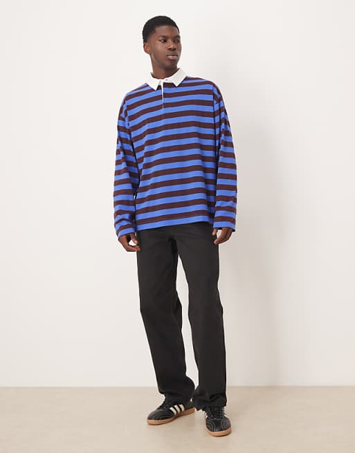 DESIGN Heavyweight Oversized Long Sleeve Rugby Polo In Blue And Brown Stripe