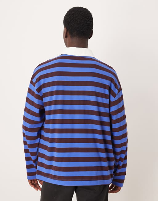 DESIGN Heavyweight Oversized Long Sleeve Rugby Polo In Blue And Brown Stripe