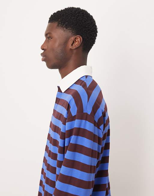 DESIGN Heavyweight Oversized Long Sleeve Rugby Polo In Blue And Brown Stripe