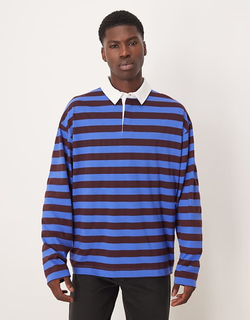 DESIGN heavyweight oversized long sleeve rugby polo in blue and brown stripe