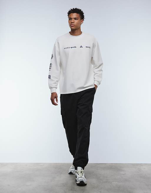 DESIGN Heavyweight Oversized Long Sleeve T-shirt With Street Graphics In Off White Waffle
