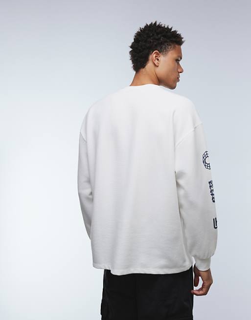 DESIGN Heavyweight Oversized Long Sleeve T-shirt With Street Graphics In Off White Waffle