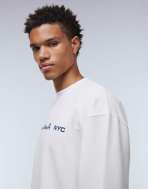 DESIGN Heavyweight Oversized Long Sleeve T-shirt With Street Graphics In Off White Waffle