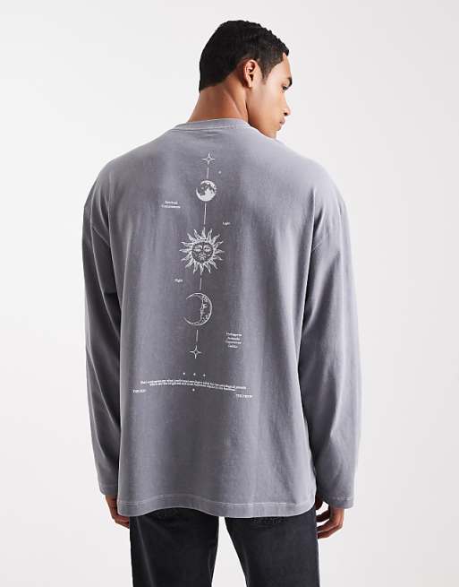 DESIGN heavyweight oversized long sleeve t-shirt with celestial spine graphic in washed grey