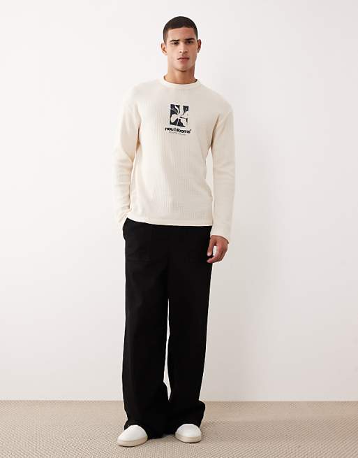 DESIGN Heavyweight Oversized Long Sleeve T-shirt With Multi-placement Graphics In Cream Waffle