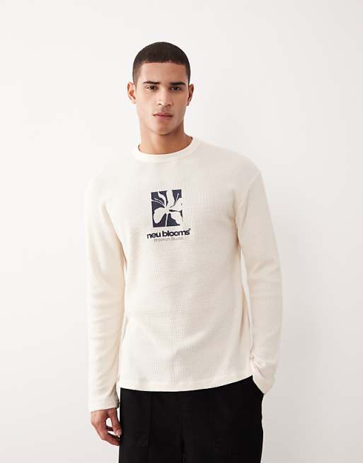DESIGN heavyweight oversized long sleeve t-shirt with multi-placement graphics in cream waffle