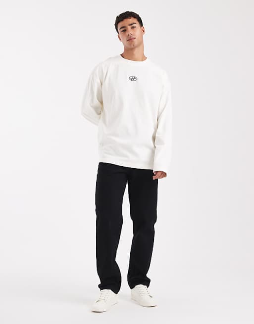 DESIGN Heavyweight Oversized Long Sleeve T-shirt With Printed Chest Badge And Cut A Sew Detail In Cream