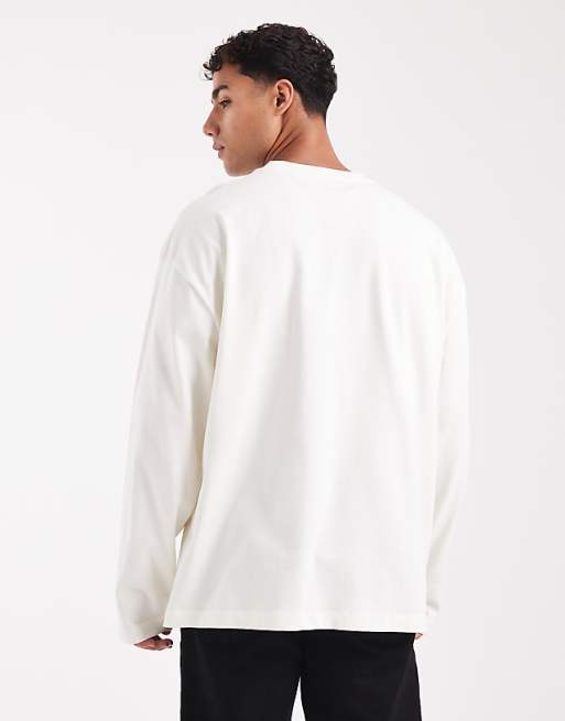 DESIGN Heavyweight Oversized Long Sleeve T-shirt With Printed Chest Badge And Cut A Sew Detail In Cream