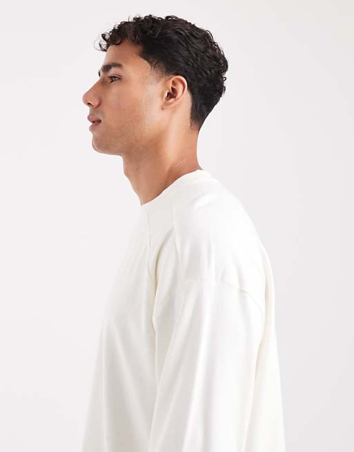 DESIGN Heavyweight Oversized Long Sleeve T-shirt With Printed Chest Badge And Cut A Sew Detail In Cream