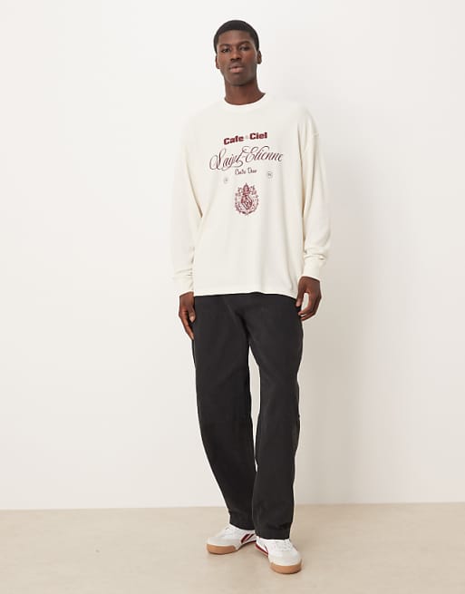 DESIGN Heavyweight Oversized Long Sleeve T-shirt With Text Graphic In Off White Waffle