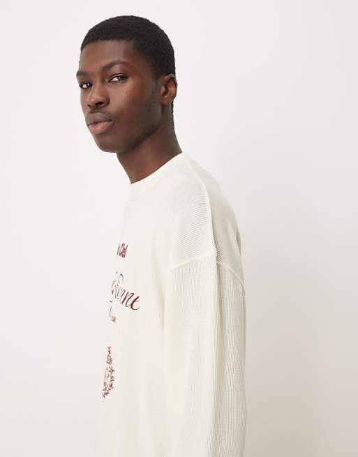 DESIGN Heavyweight Oversized Long Sleeve T-shirt With Text Graphic In Off White Waffle