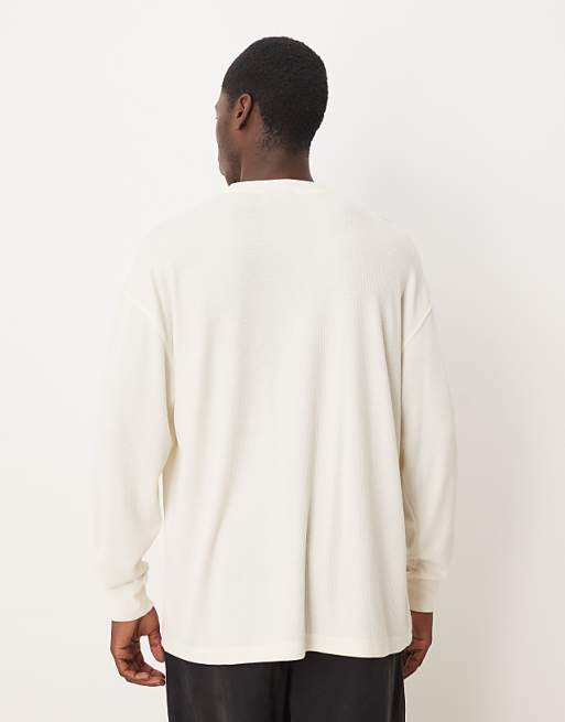DESIGN Heavyweight Oversized Long Sleeve T-shirt With Text Graphic In Off White Waffle