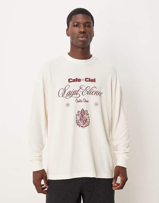 DESIGN heavyweight oversized long sleeve t-shirt with text graphic in off white waffle
