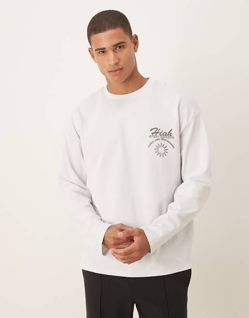 DESIGN Heavyweight Oversized Long Sleeve T-shirt With Sports Graphic In Grey Pique