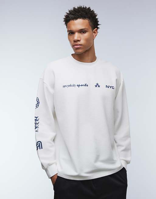 DESIGN heavyweight oversized long sleeve t-shirt with street graphics in off white waffle