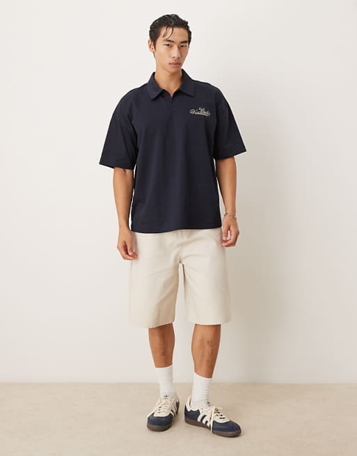 DESIGN Heavyweight Oversized Polo Shirt With Chest Embroidery In Navy
