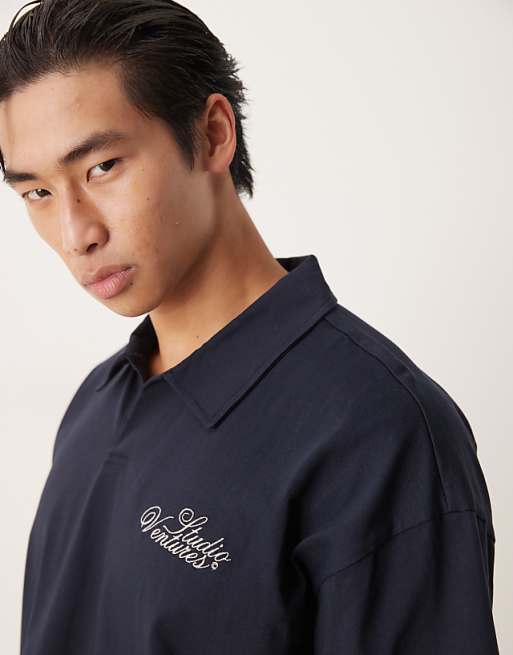 DESIGN Heavyweight Oversized Polo Shirt With Chest Embroidery In Navy