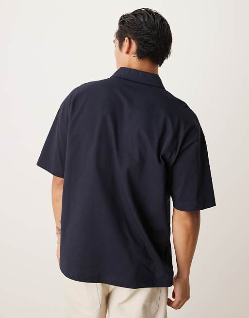 DESIGN Heavyweight Oversized Polo Shirt With Chest Embroidery In Navy