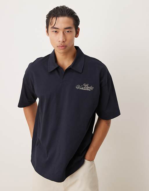 DESIGN heavyweight oversized polo shirt with chest embroidery in navy