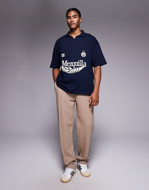DESIGN Heavyweight Oversized Polo With Sports Graphic And Panelling In Navy