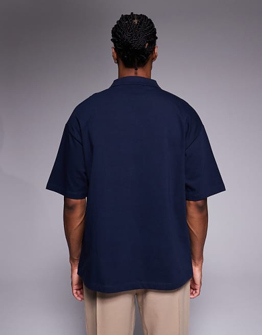 DESIGN Heavyweight Oversized Polo With Sports Graphic And Panelling In Navy