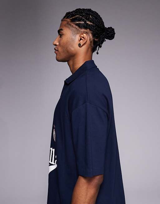 DESIGN Heavyweight Oversized Polo With Sports Graphic And Panelling In Navy