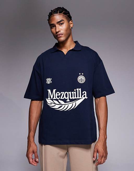 DESIGN heavyweight oversized polo with sports graphic and panelling in navy