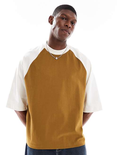 DESIGN heavyweight oversized raglan t-shirt in khaki