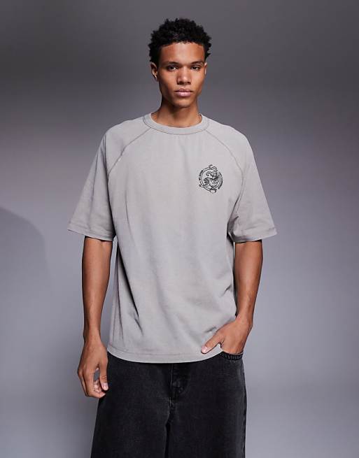 DESIGN heavyweight oversized raglan t-shirt with chest graphic in washed khaki