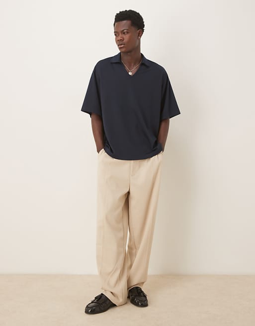 DESIGN Heavyweight Oversized Revere Notch Neck Polo In Navy