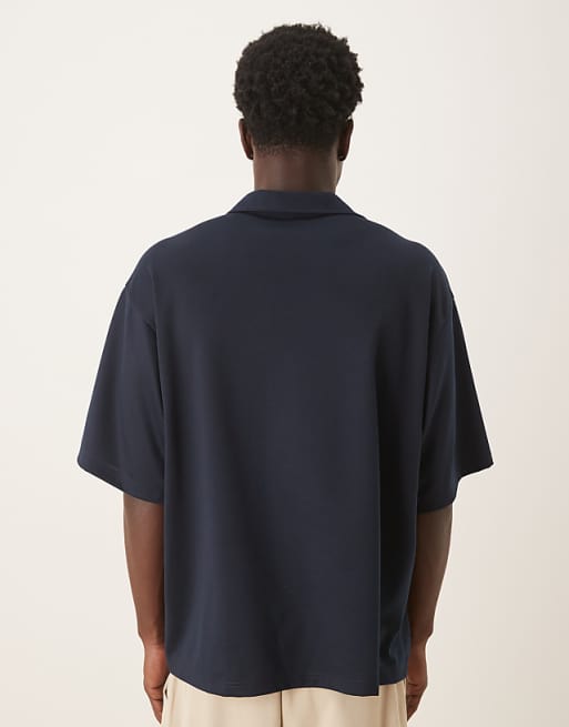 DESIGN Heavyweight Oversized Revere Notch Neck Polo In Navy