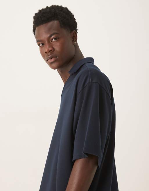 DESIGN Heavyweight Oversized Revere Notch Neck Polo In Navy